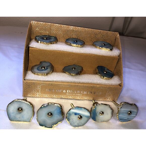 Drawer Cabinet Pull Knobs Sliced Agate Stone Blue Gold Lot of 11 NEW - Picture 1 of 8